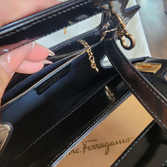 Salvatore Ferragamo Black Leather and Gold Lock Accents Handbag - Picture 14 of 15